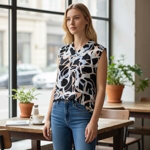 Denim Hunter Womens  8/10 Top Abstract Print Career  Scandinavian Cap Sleeve EUC